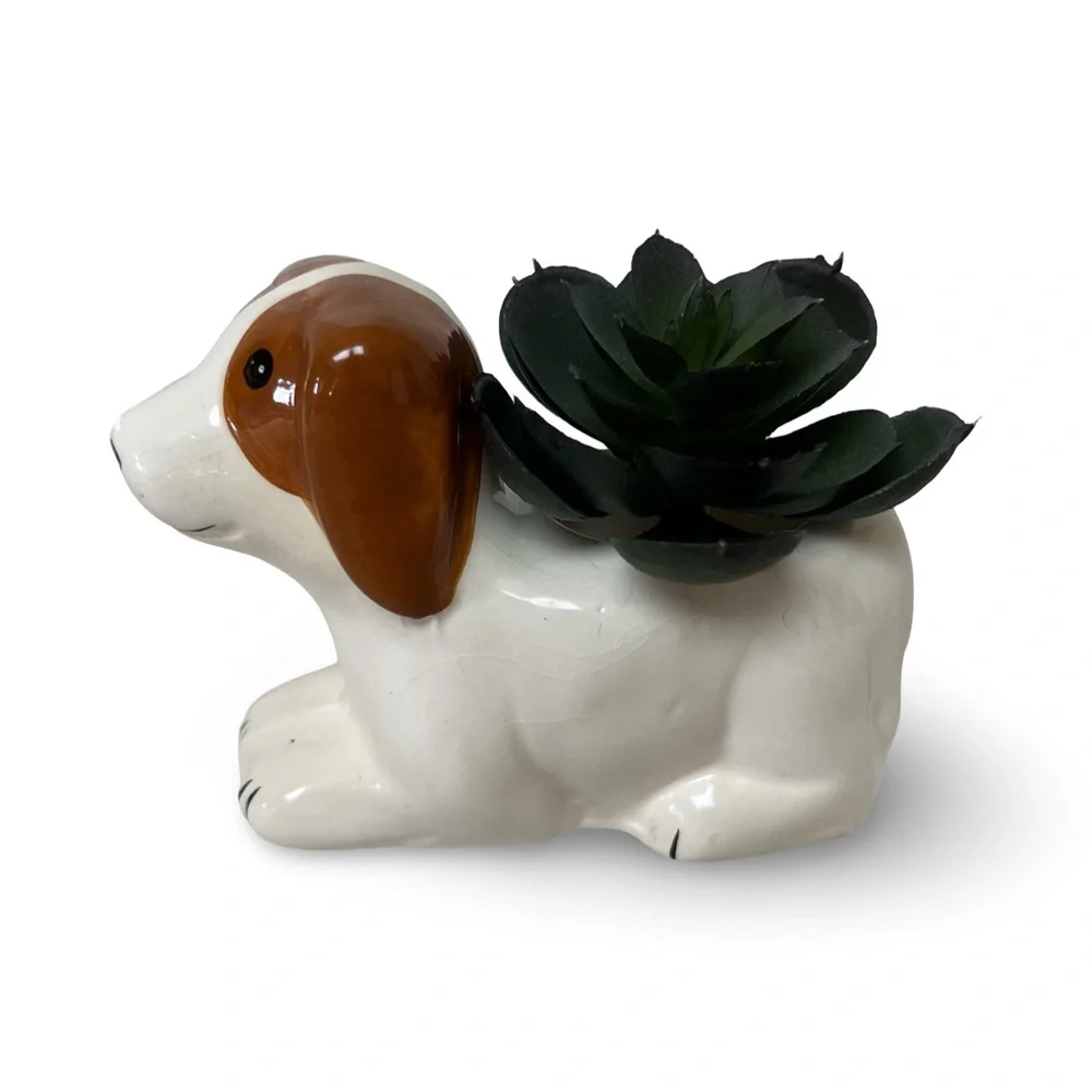 Charming Vintage Dog Planter with Faux Succulent